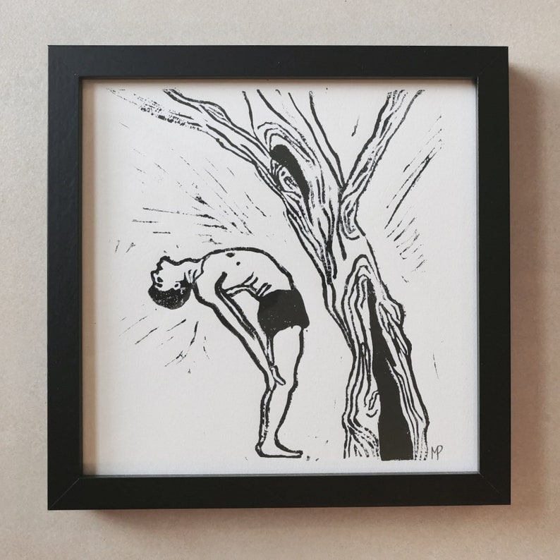 Linogravure noire L'homme et l'arbre Le gymnaste Estampe d'art Dessin image 8