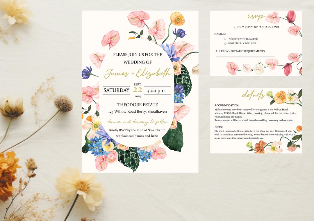 Psychedelic Wildflower Wedding Bundle - Invitation, RSVP & Details ...