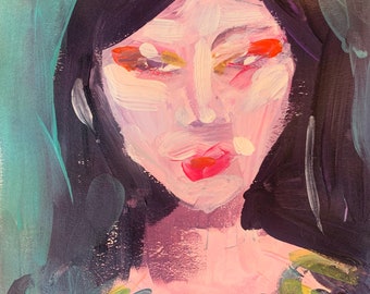 May include: An abstract painting of a woman's face. The artwork features a palette of pink, purple, teal, and black. The woman has dark hair, red lips, and vibrant eye makeup. The brushstrokes are visible, creating a textured effect.