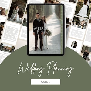 Può includere: Una guida digitale per la pianificazione del matrimonio con una coppia sullo sfondo. La guida è su un tablet con il testo "Wedding Planning Guide" sullo schermo.