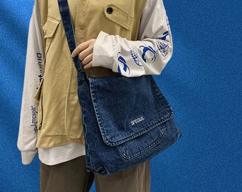 Semplice borsa a tracolla in denim, borsa a tracolla singola vintage di grande capacità, vecchia borsa a tracolla lavata, borsa a tracolla casual, ritorno a scuola