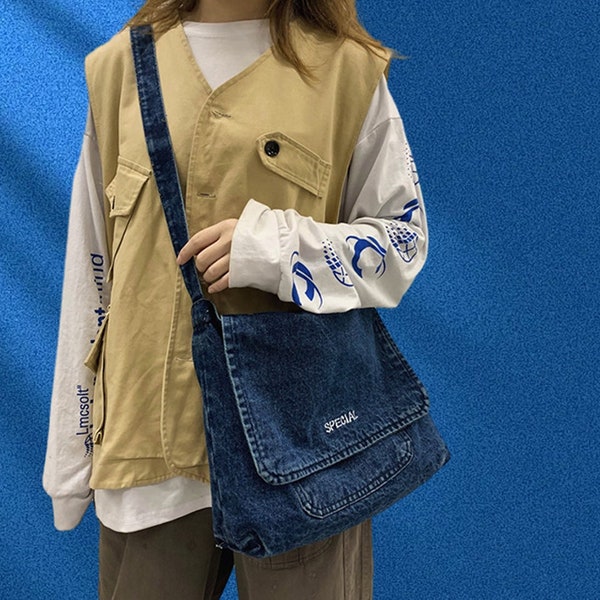 Schlichte Jeans-Umhängetasche, Vintage-Einzelschultertasche mit großem Fassungsvermögen, ausgewaschene alte Umhängetasche, lässige Umhängetasche, zurück zur Schule