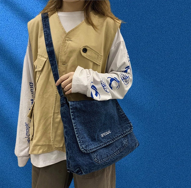 Simple Denim Crossbody Bag, Large Capacity Vintage Single Shoulder Bag, Washed Old Messenger Bag, Casual Crossbody Bag,Back To School Dark Blue