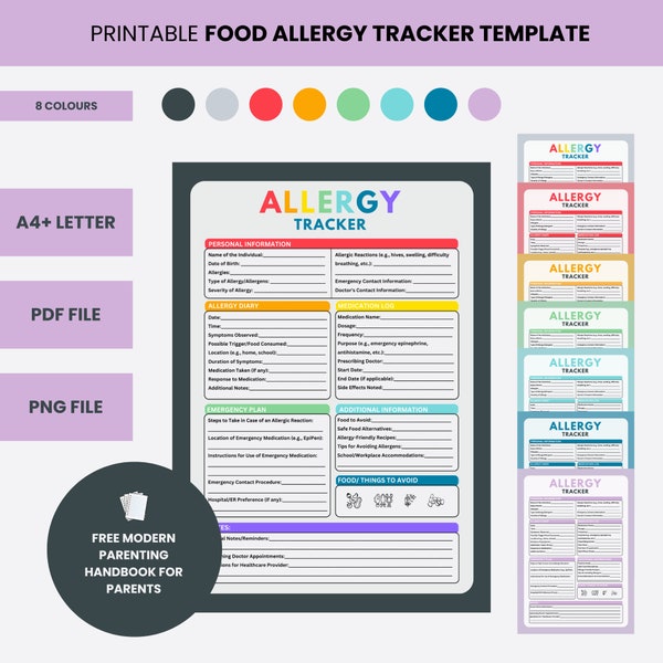 Printable Food Allergy Tracker Template | food allergy label | allergy alert | food allergy card printable | food allergy journal |