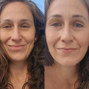 May include: A split-screen comparison showing a person with long, wavy, dark brown hair with grey highlights. The left side shows the face with natural skin texture, while the right side shows the same face with a smoother, more even skin appearance.