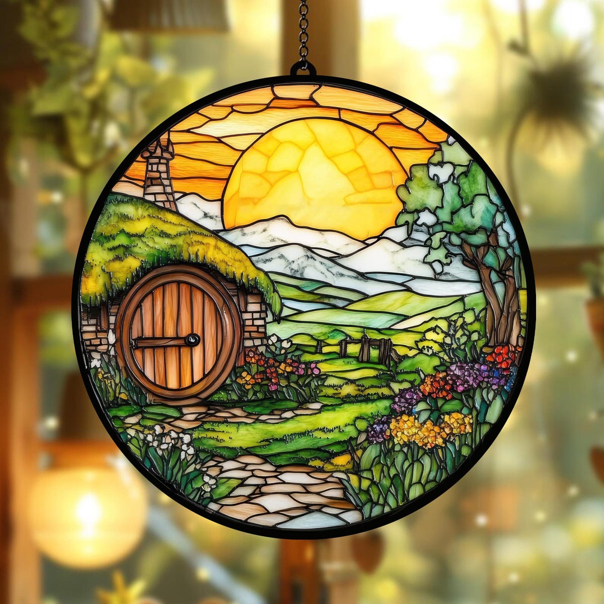 Shire Stained Glass Sun Catcher, Hobbit House Decor, Fantasy Stained Glass, Velaris Art, LOTR Inspired Gift, Whimsical Cottagecore Accent - Etsy