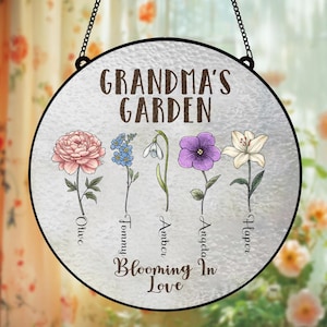 Personalized Birth Flower Suncatcher: Grandma&#39;s Garden Stained Glass Acrylic