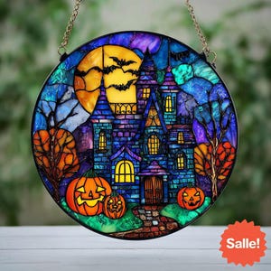 Haunted House Stained Glass Suncatcher, Spooky Season Home Decor, Spooky Pumpkin Path Design, Halloween Gift, Castle Halloween Glass Gift