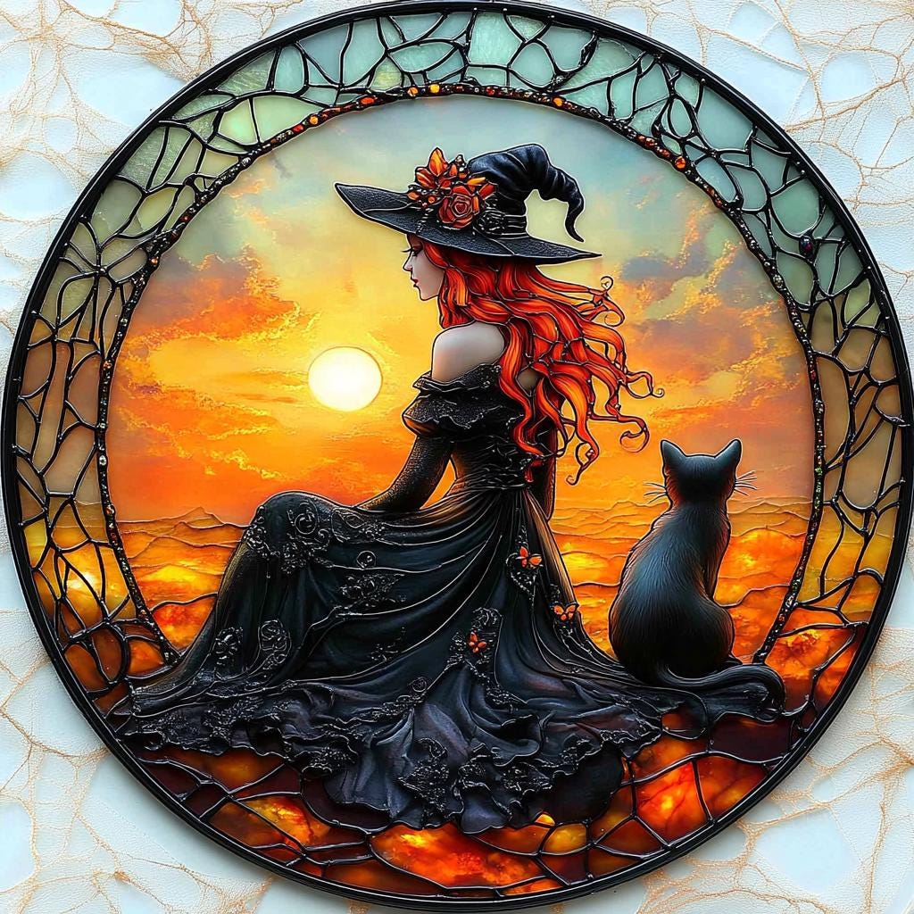 Witch & Black Cat Suncatcher: Halloween Acrylic Window Decor