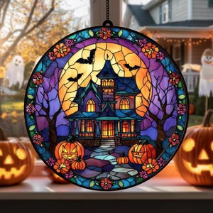Haunted House Stained Glass Suncatcher, Spooky Pumpkin Path Design, Halloween Gift, Spooky Season Home Decor, Castle Halloween Glass Gift