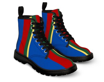 Men's Canvas Boots Navy Blue unique design with stripes of Yellow Red and Green based on Royal Marines Corps Colours