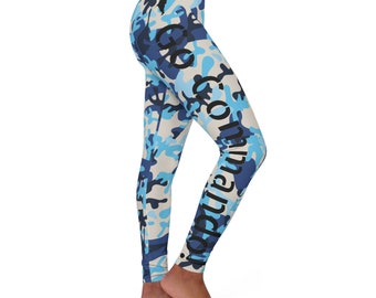 Women's Workout Leggings blue cam pattern Go Commando! sports pants in blue camouflage shades Yomper Union Jack Flag