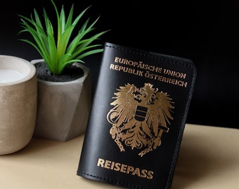 Leather passport holder coat of arms Austria, passport cover, passport case, passport invitation, Austrian passport, travel accessories gift