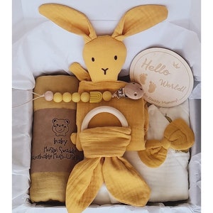 Geschenkdoos pasgeboren baby voor nieuwe ouders, cadeauset voor jongen en meisje, welkomstcadeaumand, babyrammelaar pluche dier, 6-delige babycadeaubundel