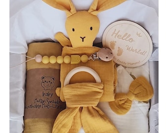 Newborn Baby Gift Box, Bunny Rattle, Muslin Swaddle, 6pc Gift Set