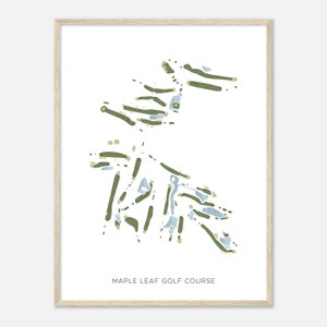 May include: A minimalist illustration of a golf course, featuring green and blue lines on a white background. The text "MAPLE LEAF GOLF COURSE" is printed below the illustration.