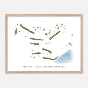 Le premier tee du centre de l'Arkansas à Little Rock, Arkansas - Carte aquarelle moderne | Cadeau de golfeur, oeuvre d'art murale de golf, impression d'affiche de golf