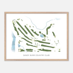 Sandy Burr Country Club a Wayland, Massachusetts - Mappa moderna ad acquerello / Regalo per golfisti, Arte murale per golf, Stampa poster per golf, Layout del campo
