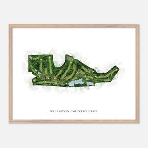 Puede incluir: Una ilustración de acuarela de un campo de golf, con hierba verde y búnkeres de arena. El texto "WILLISTON COUNTRY CLUB" está impreso debajo de la imagen.