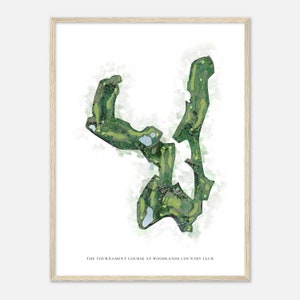 O curso do torneio no Woodlands Country Club, Virgínia - Mapa clássico em aquarela | Presente para golfista, arte de parede de golfe, impressão de pôster de golfe