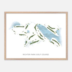May include: A framed print featuring a watercolor map of Richter Park Golf Course. The course layout is depicted in green, with blue representing water features. The text "RICHTER PARK GOLF COURSE" is printed in a simple font at the bottom.