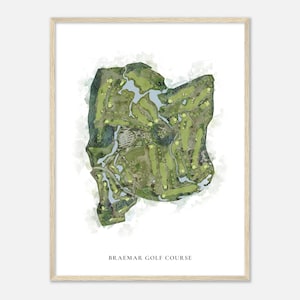 May include: A watercolor illustration of a golf course, with green fairways and white sand bunkers. The course is surrounded by trees and water. The text "BRAEMAR GOLF COURSE" is printed below the image.