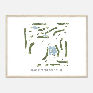 May include: A minimalist illustration of a golf course in green and blue colours. The text "APACHE CREEK GOLF CLUB" is at the bottom of the image.