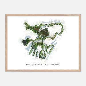 The Country Club at Mirasol em Palm Beach Gardens, Flórida - Mapa clássico em aquarela | Presente para golfista, Arte de parede de golfe, Impressão de pôster de golfe