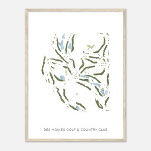 Des Moines Golf & Country Club, Iowa - Carte aquarelle moderne | Cadeau golfeur, oeuvre d'art murale de golf, impression d'affiche de golf, aménagement du parcours