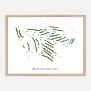 May include: A framed print of the Delbrook Golf Club course map. The map shows green fairways, blue water features, and a light brown frame. The text "DELBROOK GOLF CLUB" is printed at the bottom of the map.