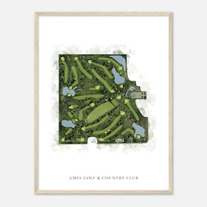 Ames Golf & Country Club, Iowa - Classic Watercolor Map | Golfer Gift, Golf Wall Art, Golf Poster Print, Course Layout