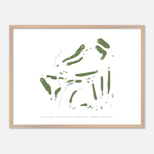 May include: A framed print of a golf course map. The map features green fairways and rough, blue water features, and a light blue line representing a stream. The text at the bottom reads "THE OLIVER D. APPLETON GOLF COURSE AT ST. LAWRENCE UNIVERSITY."
