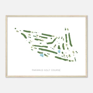May include: A minimalist illustration of the Paramus Golf Course, featuring a green and white colour scheme. The illustration shows the layout of the golf course with various green areas and water hazards.