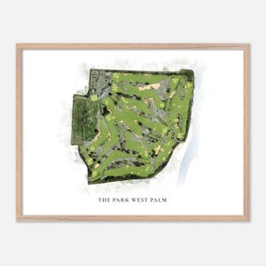 May include: A framed watercolor print of a golf course, featuring green fairways, sand traps, and trees. The print is labeled "THE PARK WEST PALM" in a simple, elegant font. The artwork is set against a white background.