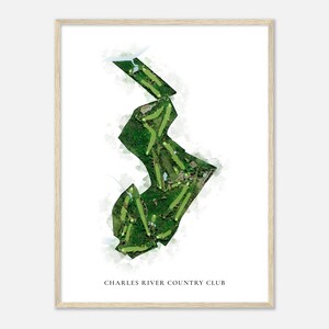 Charles River Country Club, Massachusetts - Mappa classica ad acquerello / Regalo per golfisti, Arte da parete per il golf, Stampa poster di golf, Layout del campo