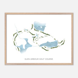 Könnte beinhalten: Eine Aquarellillustration des Glen Arbour Golfplatzes. Die Karte zeigt die Gestaltung des Platzes mit grünen und blauen Aquarelldetails.