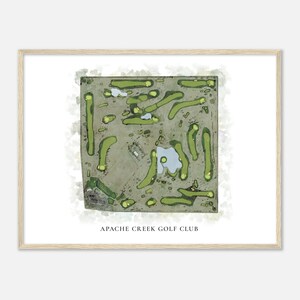 May include: A watercolour illustration of a golf course with green fairways and sand traps. The text "Apache Creek Golf Club" is printed below the image.