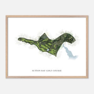 May include: A framed print featuring a watercolor-style map of the Sutton Bay Golf Course. The course is depicted in shades of green and brown, with a light blue water feature. The text "SUTTON BAY GOLF COURSE" is printed at the bottom.