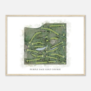 May include: A watercolor illustration of a golf course with green grass and a small lake. The text "Purple Sage Golf Course" is printed below the image.