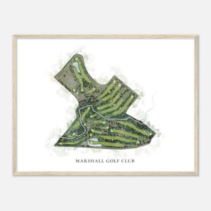 Puede incluir: Una ilustración de acuarela de un diseño de campo de golf con hierba verde y árboles. El texto "MARSHALL GOLF CLUB" está en la parte inferior de la imagen.