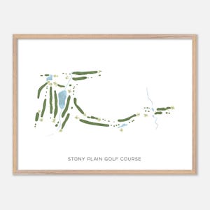 May include: A printable map of the Stony Plain Golf Course, featuring a green and blue color scheme. The map shows the layout of the golf course with the holes and water features.