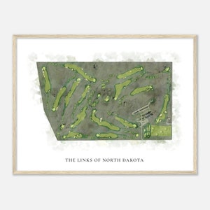 De links van North Dakota, North Dakota - Klassieke aquarelkaart | Golfer cadeau, golf kunst aan de muur, golf poster print, baanindeling
