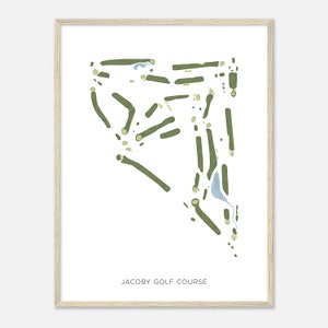 May include: A printable map of the Jacoby Golf Course, a green and white illustration of the course layout with the name of the course at the bottom.