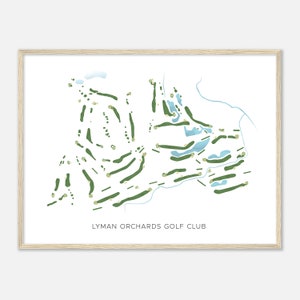 May include: A white and green illustration of a golf course with the text "LYMAN ORCHARDS GOLF CLUB" at the bottom. The illustration shows the layout of the golf course with green fairways, blue water hazards, and white sand bunkers.