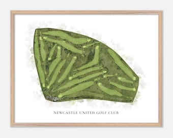 Club de golf de Newcastle United, Angleterre - carte aquarellée classique | Cadeau golfeur, oeuvre d'art murale de golf, impression d'affiche de golf, aménagement du parcours