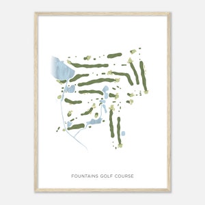 May include: A printable art print of a golf course map with green and blue colors. The map is titled "Fountains Golf Course".