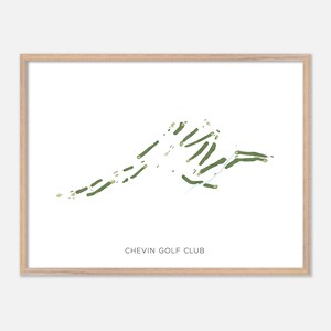 Puede incluir: Una impresión enmarcada de un diseño de campo de golf verde sobre un fondo blanco. El texto "CHEVIN GOLF CLUB" está en la parte inferior. El marco es de color madera clara.