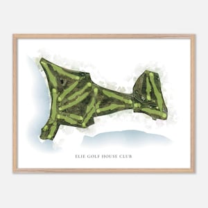 May include: A framed print featuring a detailed aerial view of a golf course, rendered in shades of green and brown. The course layout is set against a watercolor-style background with the text "ELIE GOLF HOUSE CLUB" at the bottom.