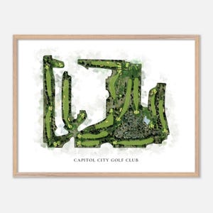 Capitol City Golf Club à Olympie, Washington - Carte aquarelle classique | Cadeau golfeur, oeuvre d'art murale de golf, impression d'affiche de golf, aménagement du parcours