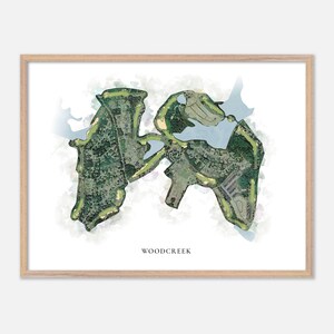 Woodcreek in , South Carolina - Klassische Aquarell- Landkarte | Golfer Geschenk, Golf Wandkunst, Golf Poster Druck, Platz Layout